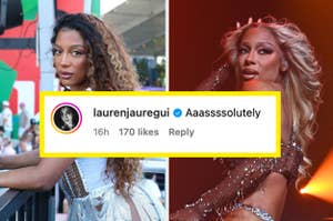 Serena Williams in a sheer, bedazzled bodysuit; inset shows Lauren Jauregui's comment "Aaasssolutely" with likes