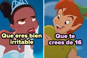 Memes de personajes animados: Tiana con expresión seria y Peter Pan con sonrisa, con textos superpuestos humorísticos