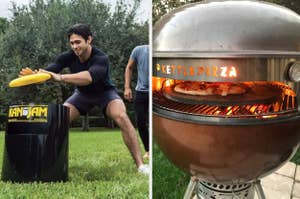Two images side-by-side: left shows a person playing a disc game outdoors, right features a kettle grill converted to a pizza oven