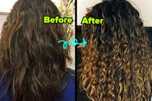 reviewer's hair before and after using curling cream