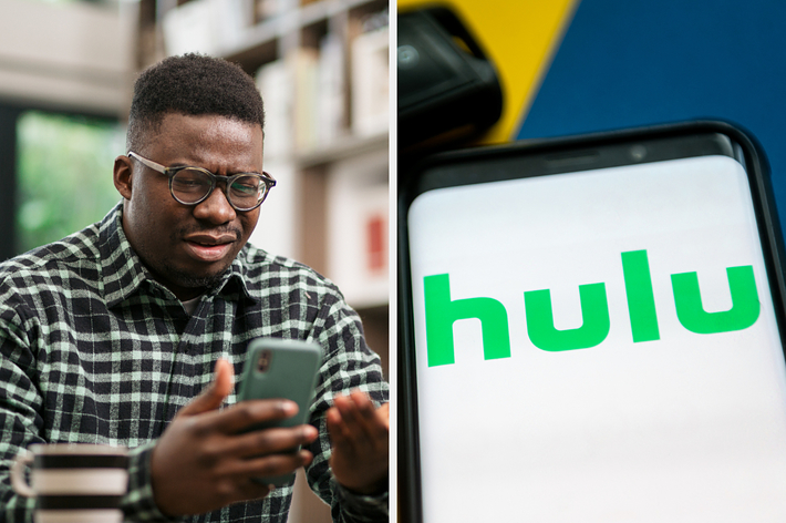 Person looking at phone with Hulu logo on another screen nearby