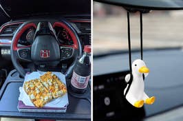 Two images: Left shows a pizza on a steering wheel tray, right features a hanging car air freshener shaped like a duck