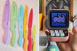 a set of colorful knives / a bluetooth speaker in the shape of a retro computer
