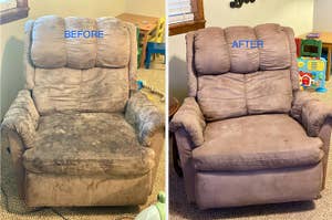 Before and after comparison of a cleaned-up recliner chair in a room with children's toys in the background