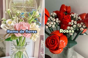 Dos arreglos florales distintos, uno con variedad de flores, el otro con rosas prominentes