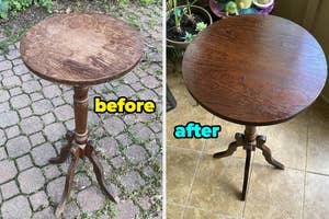 A before and after comparison of a restored wooden side table