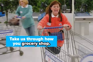 an SNL skit of racing with shopping carts in a store, text overlay: "Take us through how you grocery shop."