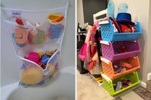 Assorted children's toys organized in a hanging mesh storage bag and colorful shelves.

