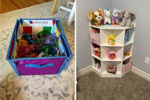 Toys organized in a blue storage box and a white corner shelf in a playroom