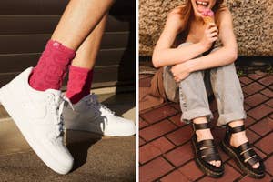 Two different shoe styles: white sneakers with pink socks and black sandals with thick soles