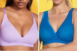 on left: model wearing purple bra, on right: model wearing seamless blue bra