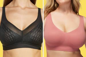 on left: model wearing black bra, on right: model wearing seamless pink bra