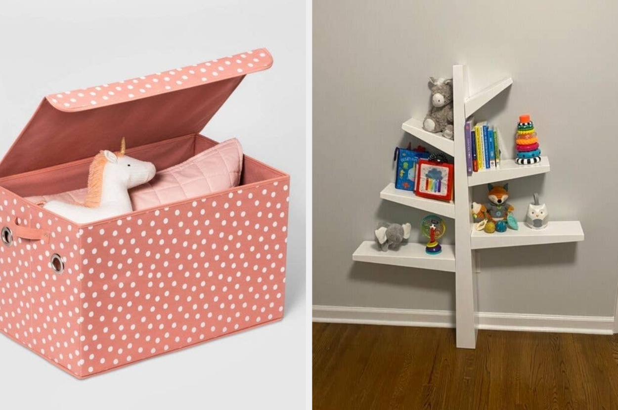 A polka-dotted storage box partially open with a plush toy inside; a tidy corner shelf with various children's items displayed