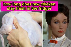 Person holding raw chicken; question about chicken freshness; image of Mary Poppins alongside