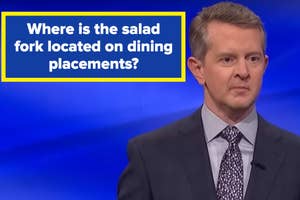 Quiz show host with question on screen: "Where is the salad fork located on dining placements?"