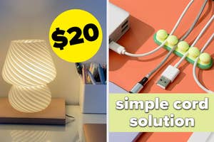 Lamp on a desk next to organizers with a $20 price tag, and a simple cord solution showing cables clipped neatly