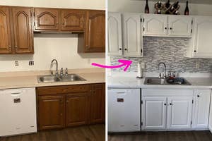 Before and after kitchen remodel, showing dark cabinets transformed to white with updated backsplash and hardware