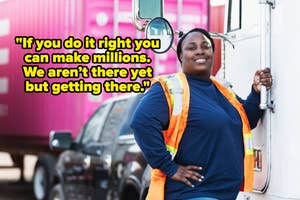 Smiling worker in safety vest stands by a truck, with a quote about financial success in trucking