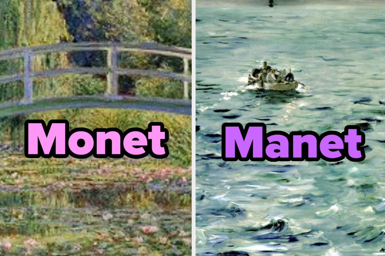Dos pinturas comparando a los artistas Monet y Manet con sus nombres destacados