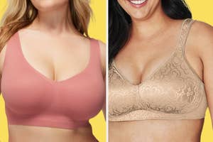 on left: model wearing pink seamless bralette, on right: model wearing beige floral-print bra