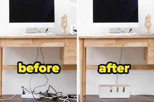 Desk before and after cable management, showing tangled wires and then neat organization