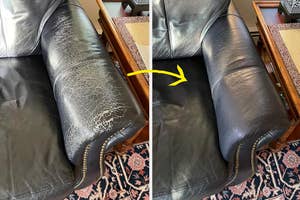 Before and after photos of a leather couch with wear marks that have been restored