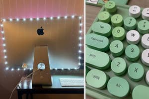 Left: A backlit desktop computer on a desk. Right: A close-up view of a set of keyboard keys