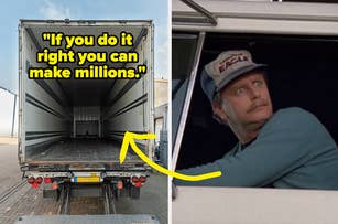 Truck driver peers from window, semi-truck trailer open and empty, indicating potential for cargo and work opportunities