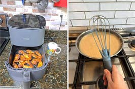 Air fryer with chicken wings next to a cup; hand whisking sauce in a pan