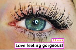 Close-up of an eye with extended eyelashes, text overlay reads "Love feeling gorgeous!" with five stars below