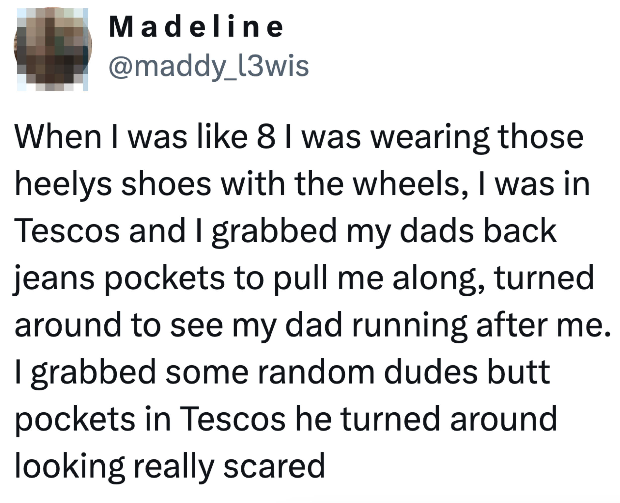 Tweet recalling a childhood memory of accidentally grabbing a stranger&#x27;s hand while wearing wheeled shoes in a Tesco store