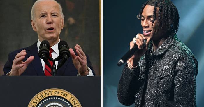 Two separate images side-by-side: left is President Joe Biden speaking at a podium, right is rapper Travis Scott performing onstage