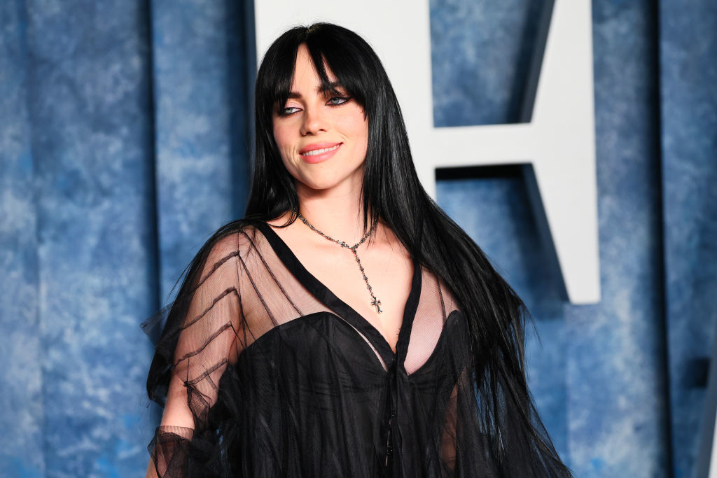 Billie Eilish wearing a sheer black outfit with a plunging neckline, posing against a backdrop