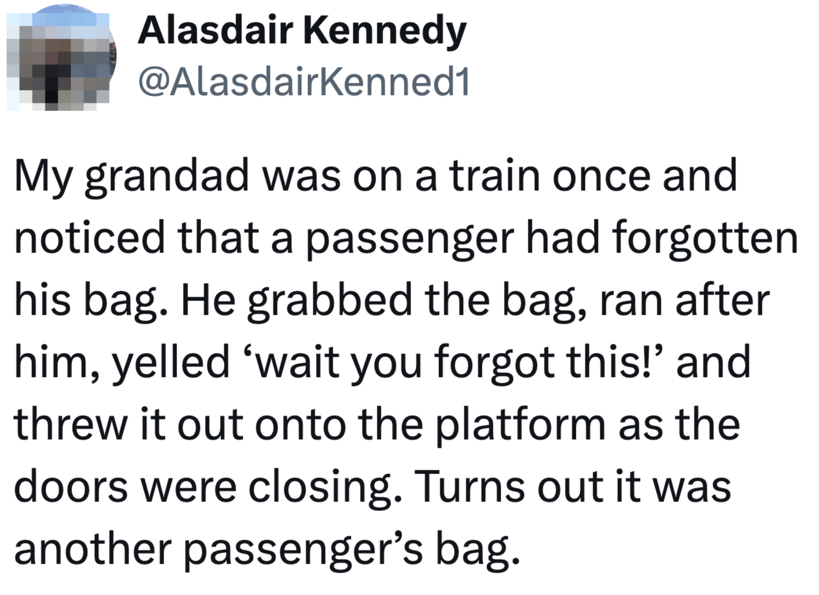 Tweet describing an event where someone threw a forgotten bag onto a train platform as the doors were closing, only to realize it was a bomb scare