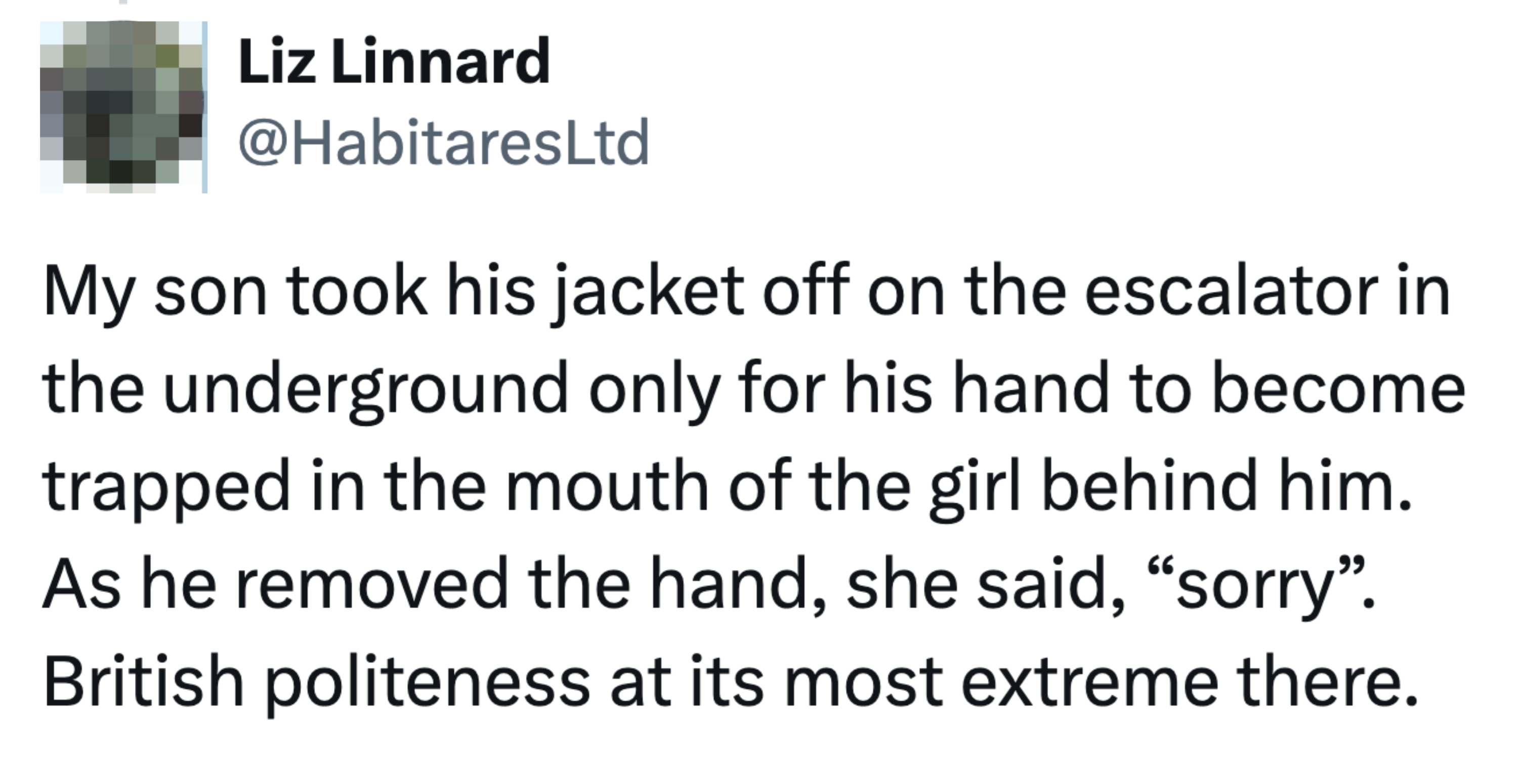 Tweet describes a humorous situation where a boy&#x27;s hand got trapped in a girl&#x27;s mouth when he took off his jacket on an escalator, and she apologized