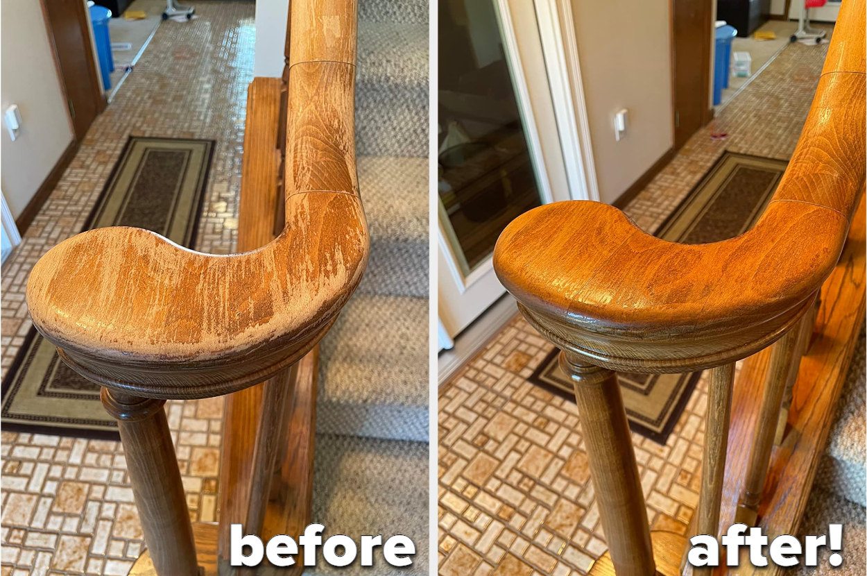 reviewer&#x27;s wooden stair railing before restoration looking worn and full of scratches / after using the finish, it&#x27;s fresh and restored without any signs of wear or scratch stool before and after restoration, showing worn and refurbished states