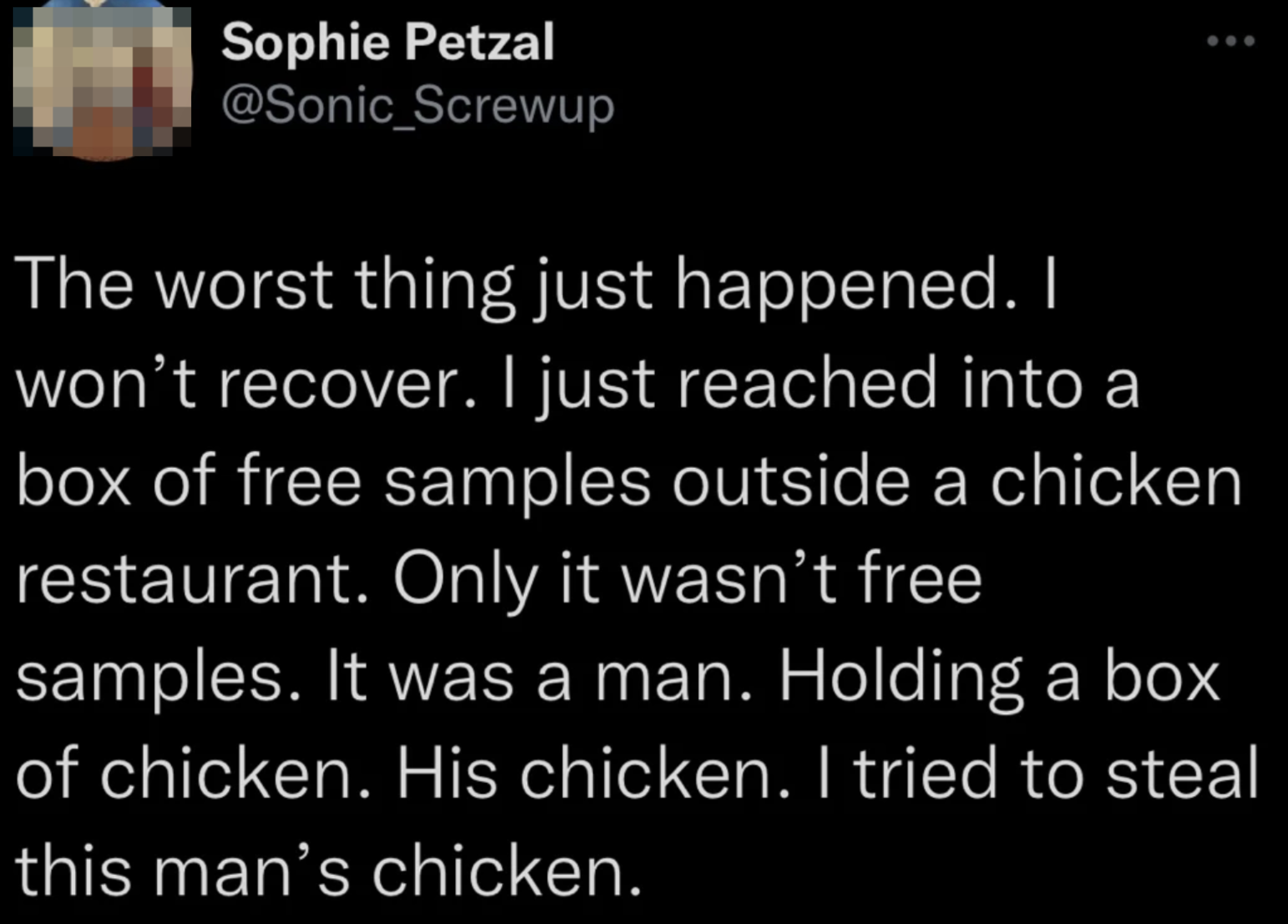 Text post describing a humorous mistake where the user thought a box held by a man was free chicken samples