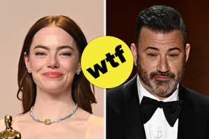 Emma Stone with an Oscar and Jimmy Kimmel in a tuxedo, split image with "Wtf" graphic