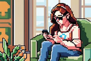 Pixel art of a person sitting on a couch looking at a smartphone with a plant beside them
