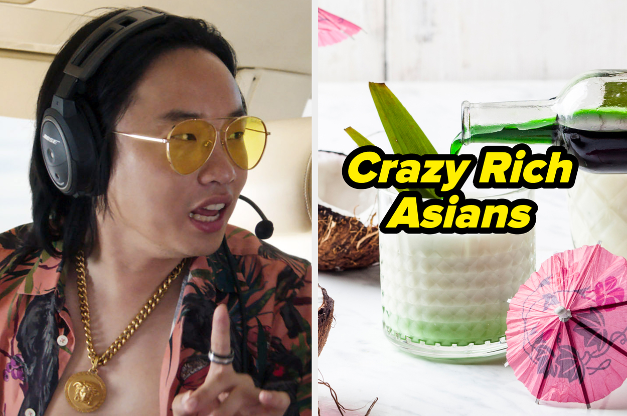 Split image with Jimmy O. Yang in headset on left, and "Crazy Rich Asians" movie text with tropical drink on right