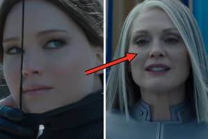 Split image of Katniss Everdeen holding a bow and President Coin from "The Hunger Games" series