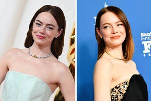 Emma Stone wearing a pastel dress with a choker necklace on left; black top with gold detailing and matching necklace on right