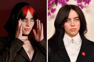 Split image of Billie Eilish in a pinstripe outfit with glasses on left and in a dark jacket with poppy pin on right