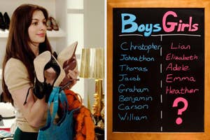 A movie scene with Anne Hathaway holding shoes near a blackboard listing boys' and girls' names, indicating a brainstorm