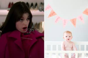 Split image: Left - woman wearing pink blazer; Right - baby in crib under name banner