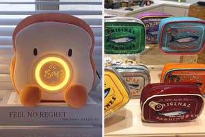 a plush bread with night light and clock in the center / a variety of sardine tin shaped bags