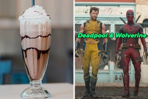 On the left, a chocolate milkshake, and on the right, Hugh Jackman and Ryan Reynolds as Wolverine and Deadpool in Deadpool and Wolverine