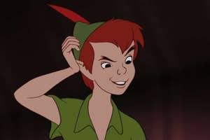 Animated character Peter Pan is grinning with his hand on his head