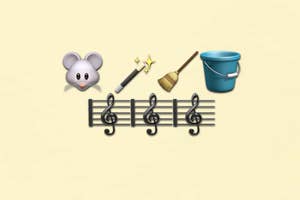 Emoji of a mouse, magic wand, broom, bucket, and musical notes suggesting the "Cinderella" theme