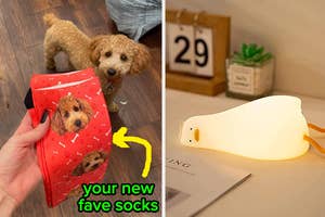 a reviewer holding socks with their dog's face on them and the dog in the background "your new fave socks" / a light up sad duck